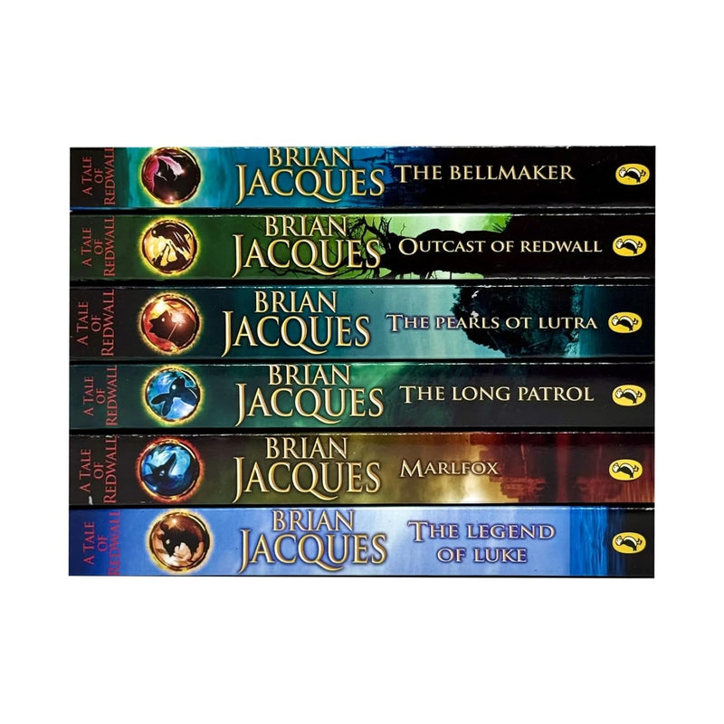 Six paperback books from the Redwall Series by Brian Jacques, illustrated covers, part of Penguin's collection for ages 9–12.