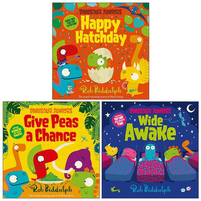 Dinosaur Juniors Series Collection 3 Books Set By Rob Biddulph (Happy Hatchday, Give Peas a Chance, Wide Awake) - The Book Bundle