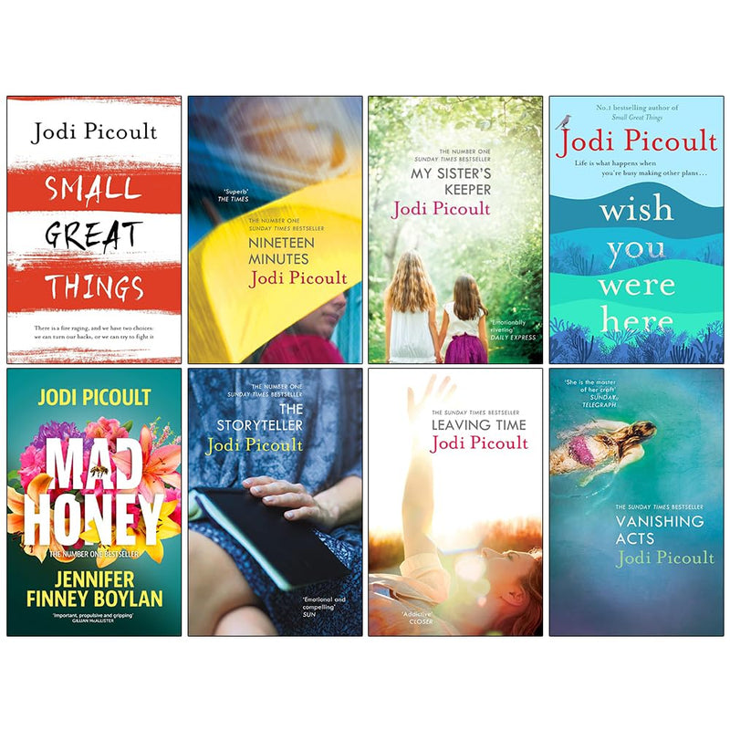 Set of 8 paperback Jodi Picoult fiction novels including Small Great Things and Nineteen Minutes, published by Hodder Paperbacks.