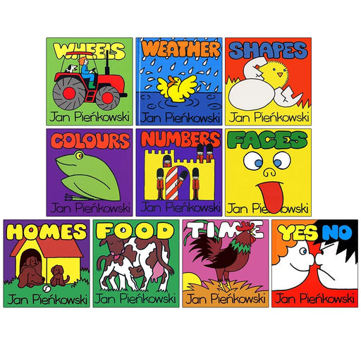 Jan Pienkowski 10 Books Children Collection Set (Wheels, Weather, Shapes, Colours, Numbers, Faces, Homes, Food, Time & Yes No) - The Book Bundle