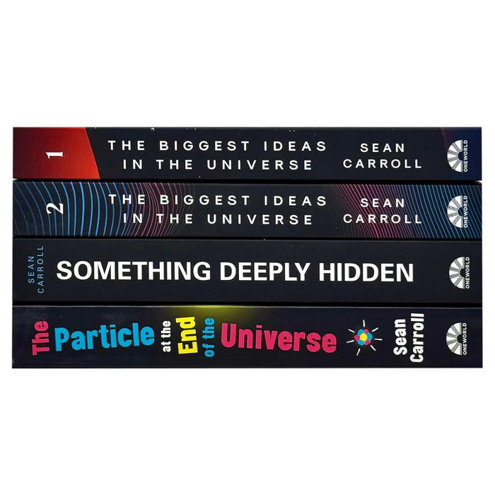 Set of four non-fiction books by Sean Carroll on universe ideas, published by Oneworld Publications, featuring science concepts and illustrations.