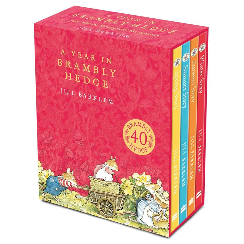 Set of four hardcover Brambly Hedge books by Jill Barklem, for children ages 3 to 7, featuring charming woodland illustrations.