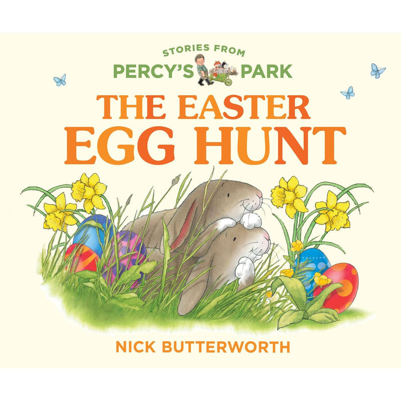 Illustrated cover of "The Easter Egg Hunt" board book for ages 0–2 from HarperCollins Children's Books, featuring colorful Easter-themed artwork.