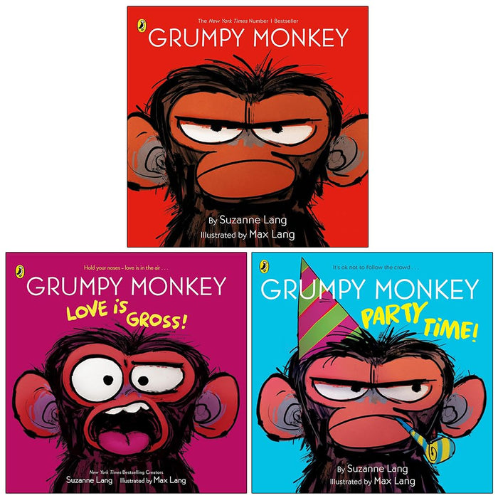 Set of three Grumpy Monkey books by Suzanne Lang, paperback collection for ages 3-7, featuring colorful illustrations and playful characters.