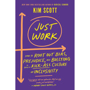 Cover image of "Just Work" book by Kim Scott, published by Macmillan, focusing on confronting bias, prejudice, and bullying for inclusivity.