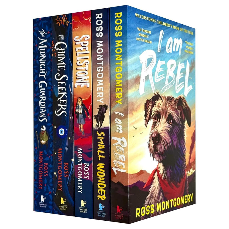 Ross Montgomery Collection of five Walker Books, featuring titles like The Midnight Guardians and The Chime Seekers, displayed together.