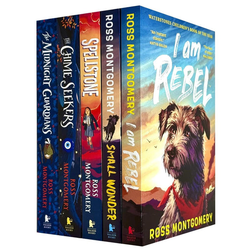 Ross Montgomery Collection of five Walker Books, featuring titles like The Midnight Guardians and The Chime Seekers, displayed together.