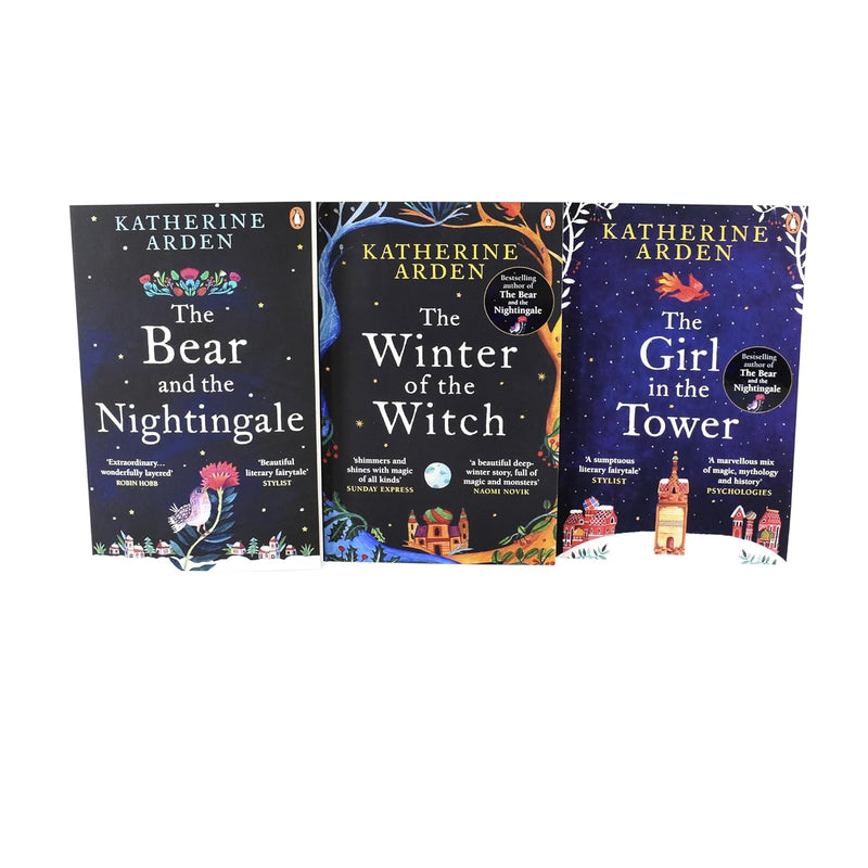 Three paperback books from Katherine Arden's Winternight Trilogy collection by Del Rey, featuring winter-themed fantasy covers.