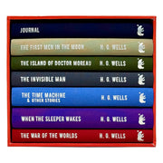 H. G. Wells collection box set with six classic science fiction books and journal, featuring titles like War of the Worlds and Invisible Man.