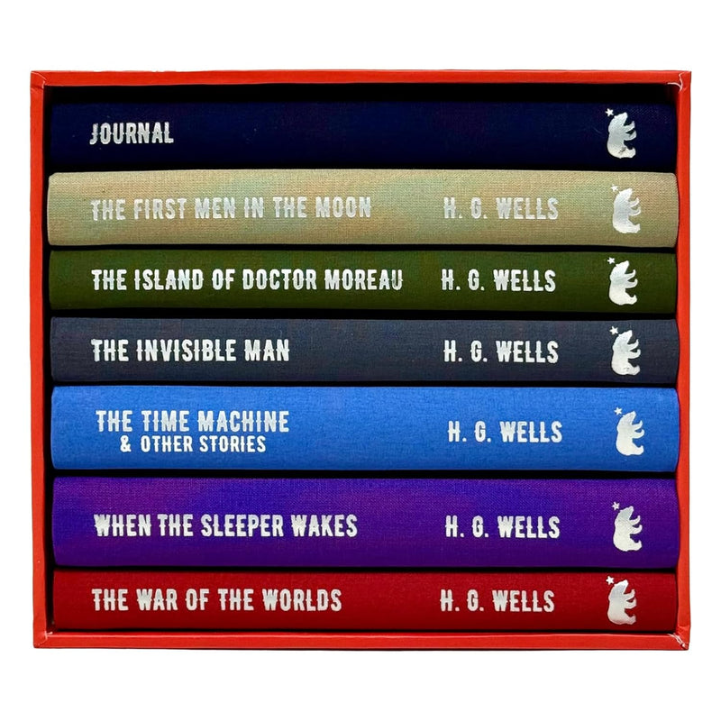 H. G. Wells collection box set with six classic science fiction books and journal, featuring titles like War of the Worlds and Invisible Man.