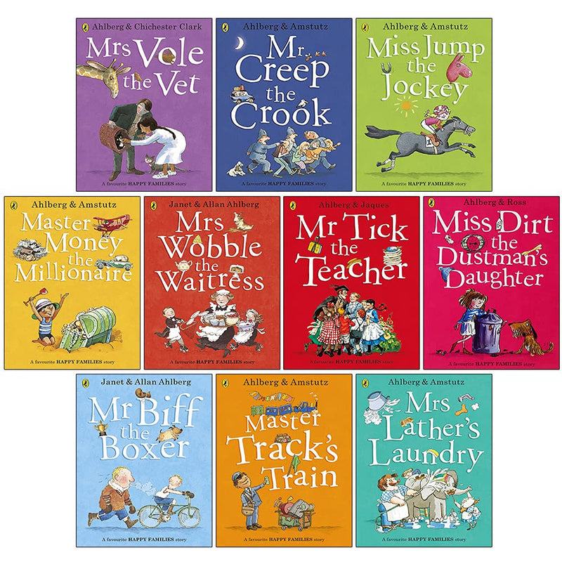 Set of ten Puffin paperback Happy Families Stories Series books by Allan Ahlberg, featuring colorful covers and classic children's fiction.