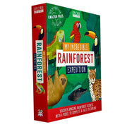 My Incredible Rainforest Expedition STEM Explorer book and 3D rainforest model kit by Susan Mayes, featuring detailed illustrations and models.