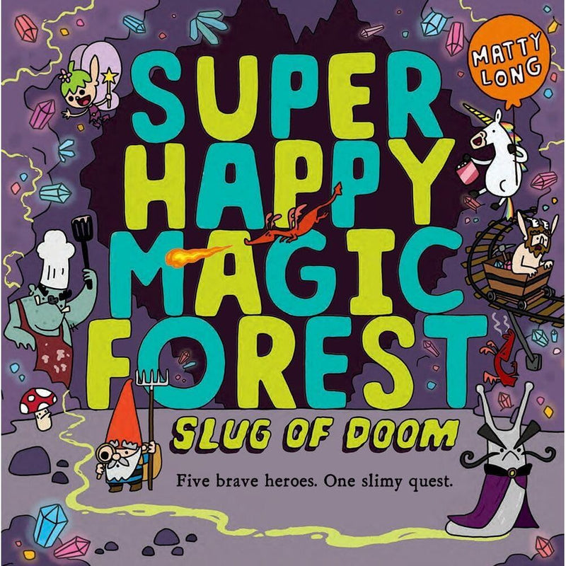 Set of seven Super Happy Magic Forest paperback books by Matty Long, featuring colorful forest characters and whimsical illustrations.