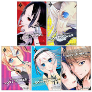 Five paperback books from the Kaguya-sama: Love Is War collection by Aka Akasaka, featuring colorful cover art.