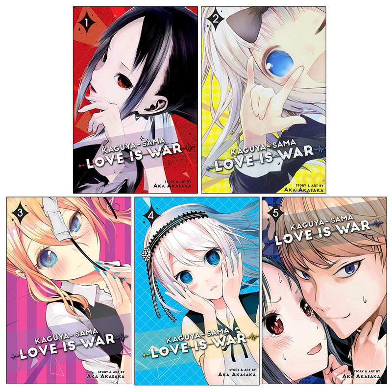 Five paperback books from the Kaguya-sama: Love Is War collection by Aka Akasaka, featuring colorful cover art.
