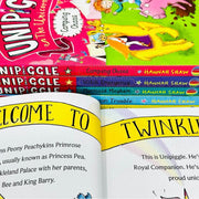 Collection of six Unipiggle unicorn pig books by Hannah Shaw, featuring titles like Unicorn Muddle and Fairy Freeze.