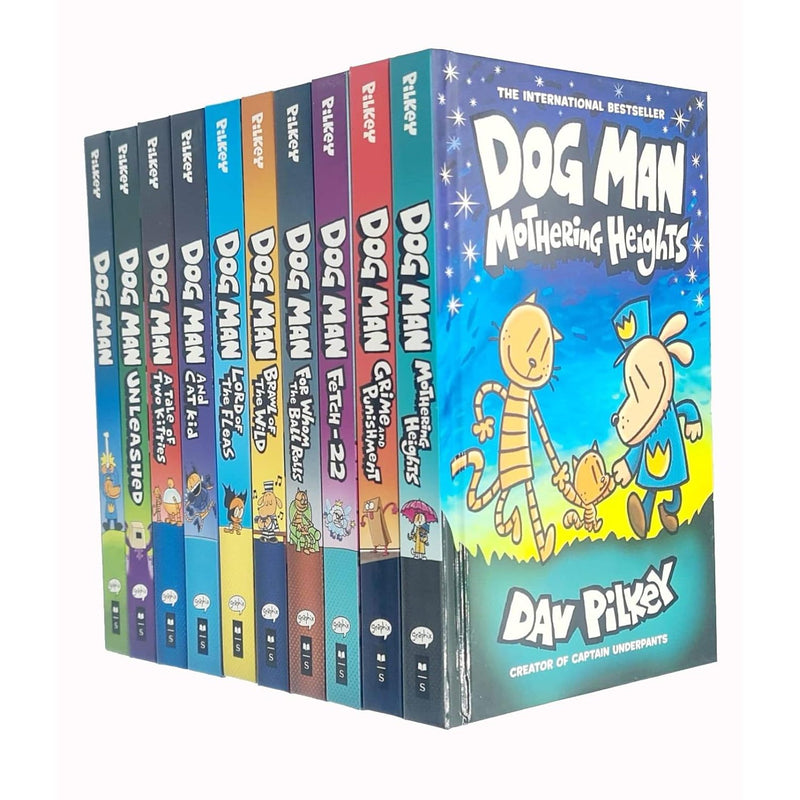 Dog Man Series 1-10 books set by Dav Pilkey, featuring colorful covers of Scholastic graphic novels and comic adventures.