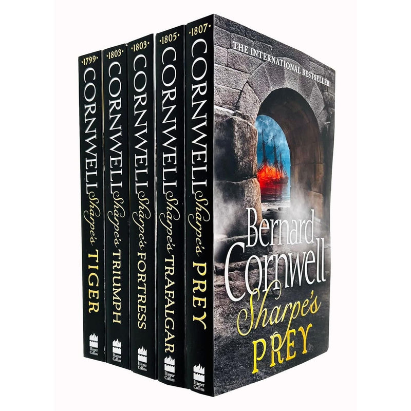 Set of Sharpe Series books 1-5 by Bernard Cornwell, featuring covers from Sharpe's Tiger and Triumph, published by Harper.