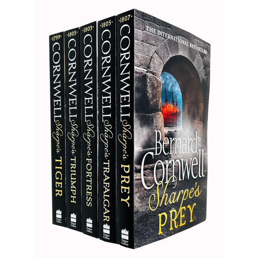 Set of Sharpe Series books 1-5 by Bernard Cornwell, featuring covers from Sharpe's Tiger and Triumph, published by Harper.