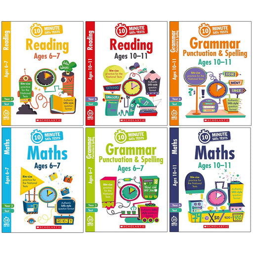 10 Minute SATs Tests KS1 Year 2 Ages 6-7 & KS2 Year 6 Ages 10-11 Collection 6 Books Set (Grammar Punctuation & Spelling, Maths, Reading) - The Book Bundle