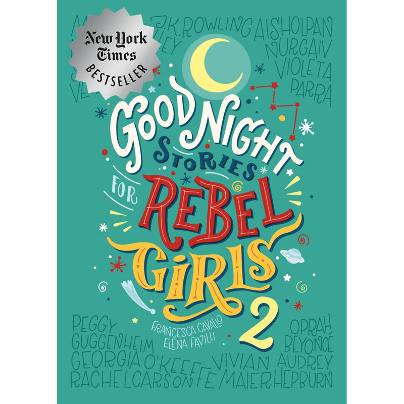 Open book of "Good Night Stories for Rebel Girls 2" by Rebel Girls with colorful illustrated pages.
