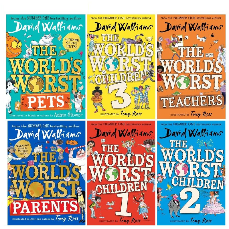 Set of six David Walliams books including The World's Worst Teachers and The World's Worst Parents by HarperCollins.