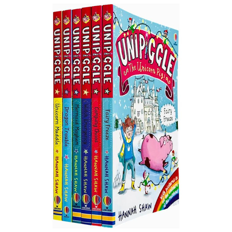 Collection of six Hannah Shaw Unipiggle books featuring unicorn, dragon, mermaid, witch, camping, and fairy characters in colorful covers.