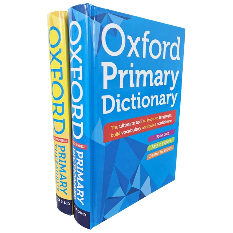 Oxford Primary Dictionary and Thesaurus hardcover set by Oxford University Press UK, featuring two educational reference books.
