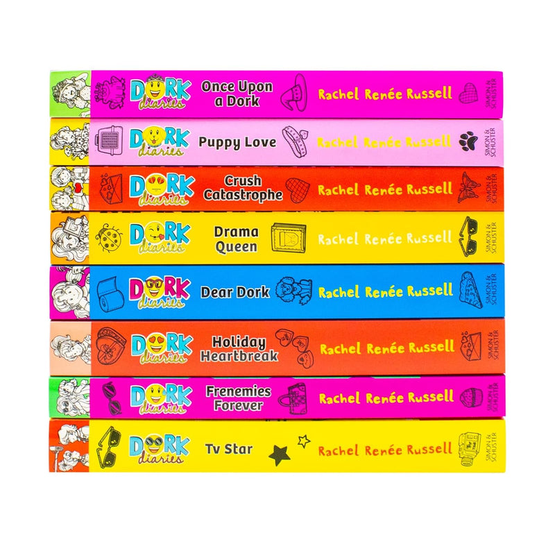 Dork Diaries 8 Books Collection Set by Rachel Renee Russell (TV Star, Frenemies Forever, Holiday Heartbreak, Dear Dork, Drama Queen, Crush Catastrophe, Puppy Love, Once Upon A Dork)- Fiction - Paperback