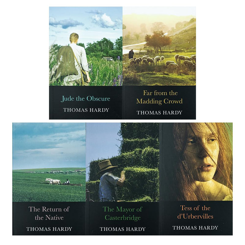 Set of five Thomas Hardy classic editions, including Jade the Obscure and Far from the Madding Crowd, featuring vintage book covers.