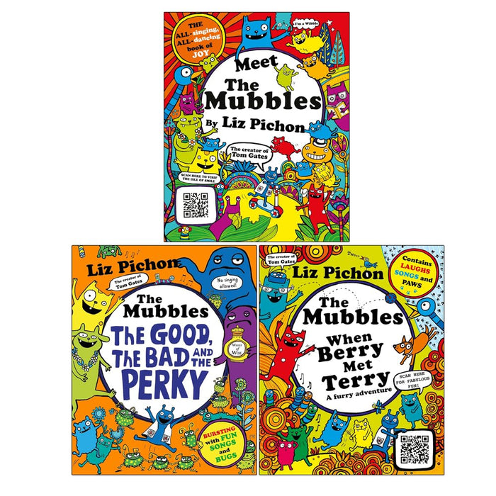 The Mubbles 3 Books Collection Set by Liz Pichon, paperback fiction books for children, featuring colorful covers and playful illustrations.