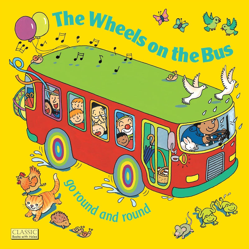 Child's Play Ltd Annie Kuble classic board books set featuring "The Wheels on the Bus" with colorful hole-punched pages for young children.