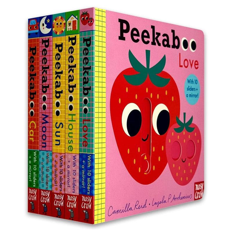 Set of five Peekaboo illustrated board books for ages 0-2 by Camilla Reid, featuring colorful, engaging images for young children.