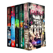 Set of five Discworld novels by Terry Pratchett in paperback, part of the Penguin series, featuring colorful book covers.