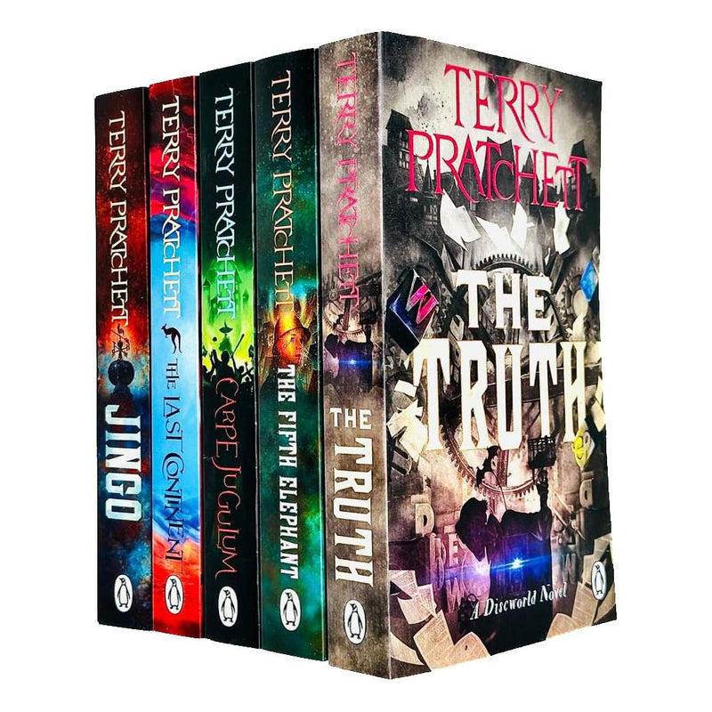 Set of five Discworld novels by Terry Pratchett in paperback, part of the Penguin series, featuring colorful book covers.