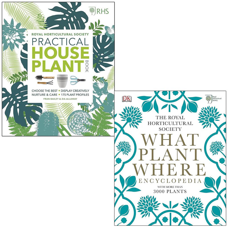 Set of two hardcover RHS Practical House Plant and What Plant Where books by Zia Allaway and RHS, featuring plant illustrations and titles.