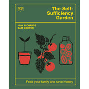 Open book titled "The Self-Sufficiency Garden" by DK, showing a garden layout with plants and gardening tools.