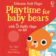 Set of four Usborne soft flap books by Sam Taplin featuring baby bears enjoying party, playtime, bath, and bedtime scenes.