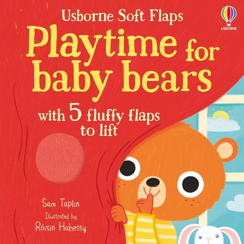 Set of four Usborne soft flap books by Sam Taplin featuring baby bears enjoying party, playtime, bath, and bedtime scenes.