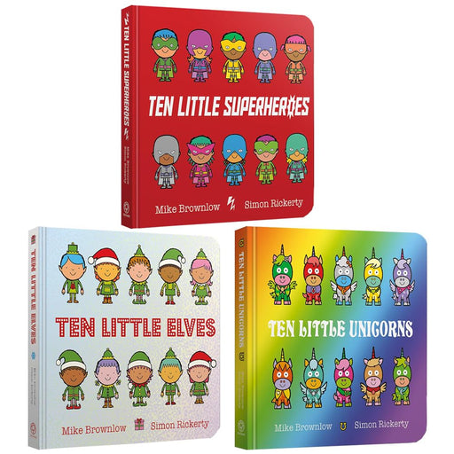 Set of three Orchard Books Ltd. Ten Little Board Books featuring Superheroes, Elves, and Unicorns, suitable for young children.