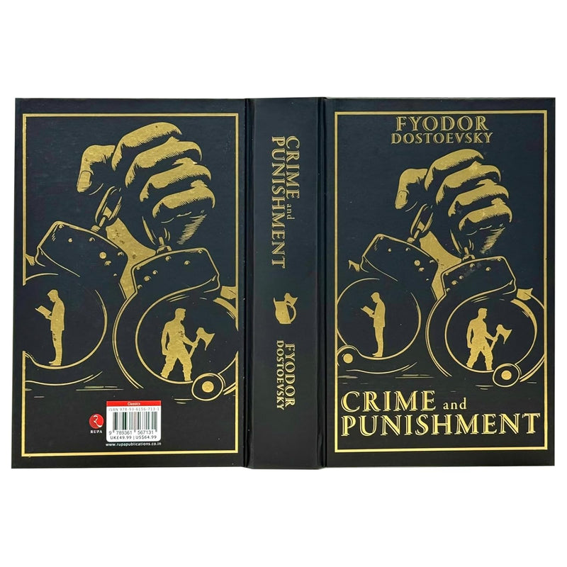 Hardcover edition of Crime and Punishment by Fyodor Dostoevsky, featuring a printed cover with classic design and Rupa Publications branding.