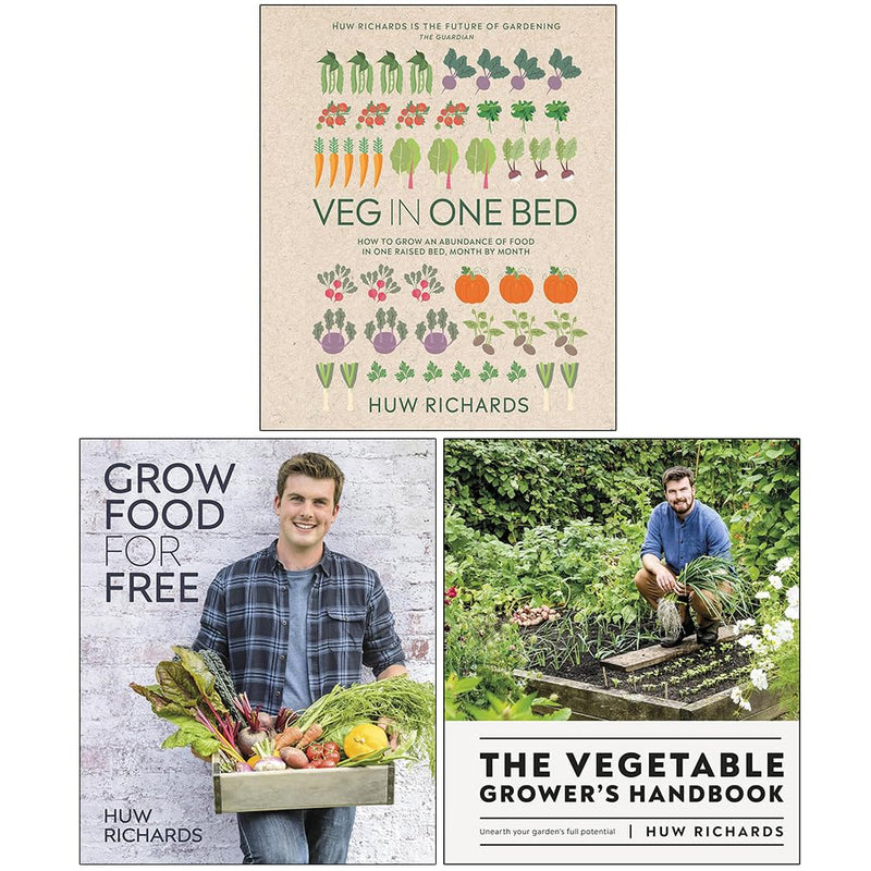 Huw Richards vegetable gardening book set from DK Ltd, including Veg in One Bed, Grow Food for Free, and The Vegetable Grower's Handbook.