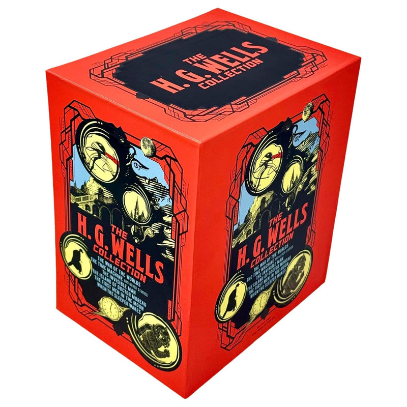 H. G. Wells collection box set by Arcturus Ltd, featuring six classic science fiction books with a journal in a decorative box set.