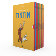Complete Tintin paperback boxed set of 23 classic adventure books by Hergé, featuring colorful covers and detailed illustrations.