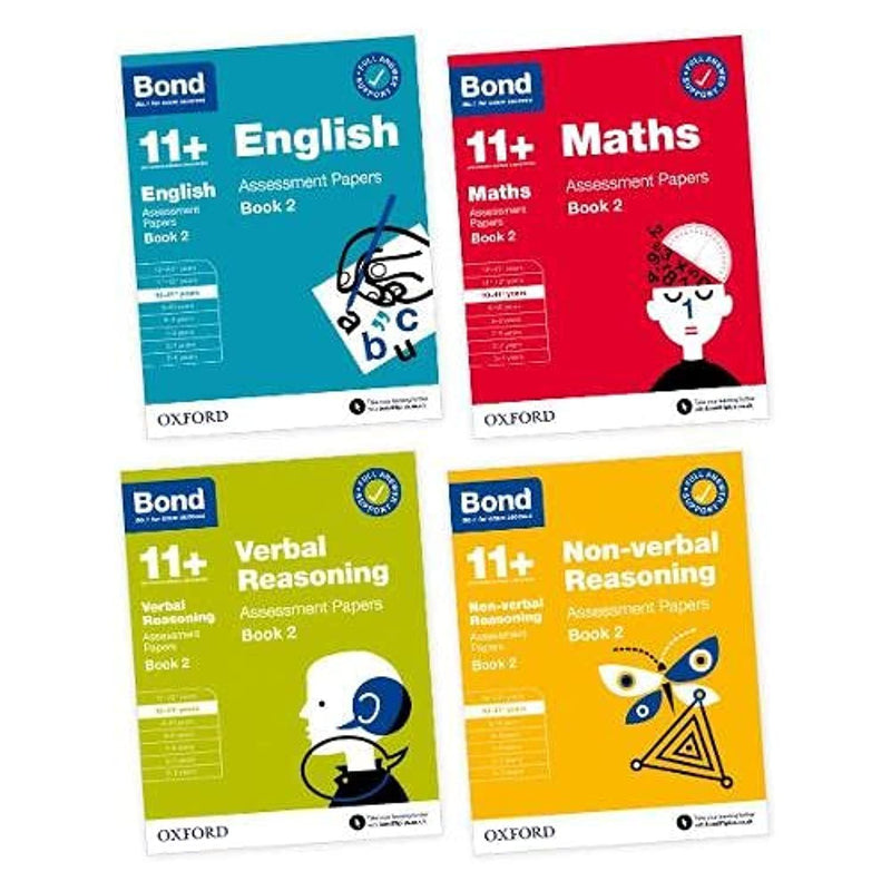 Bond 11+ four-book set by OUP Oxford including English, Maths, Verbal and Non-Verbal Reasoning assessment papers in paperback.