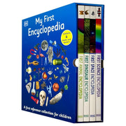Set of four DK My First Encyclopedia books for children aged 3-7, featuring colorful covers and engaging educational illustrations.