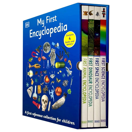 Set of four DK My First Encyclopedia books for children aged 3-7, featuring colorful covers and engaging educational illustrations.