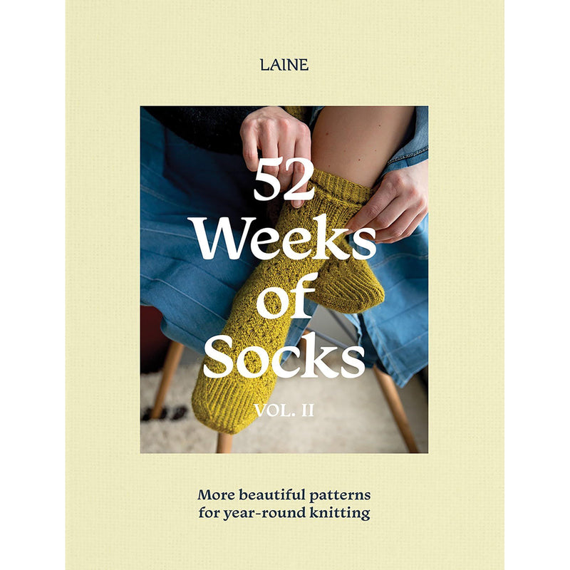 Colorful sock patterns from Laine's 52 Weeks of Socks, Vol. II book, showcasing beautifully designed knitting patterns for year-round projects.