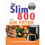 Meal prep air fryer by Max McCann and Iota, Slim 800 hot air fryer with digital controls, shown with three recipe books collection set.