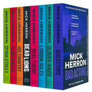 Eight paperback books from Mick Herron's Slough House Thriller Series by John Murray Ltd, featuring thriller fiction collection.
